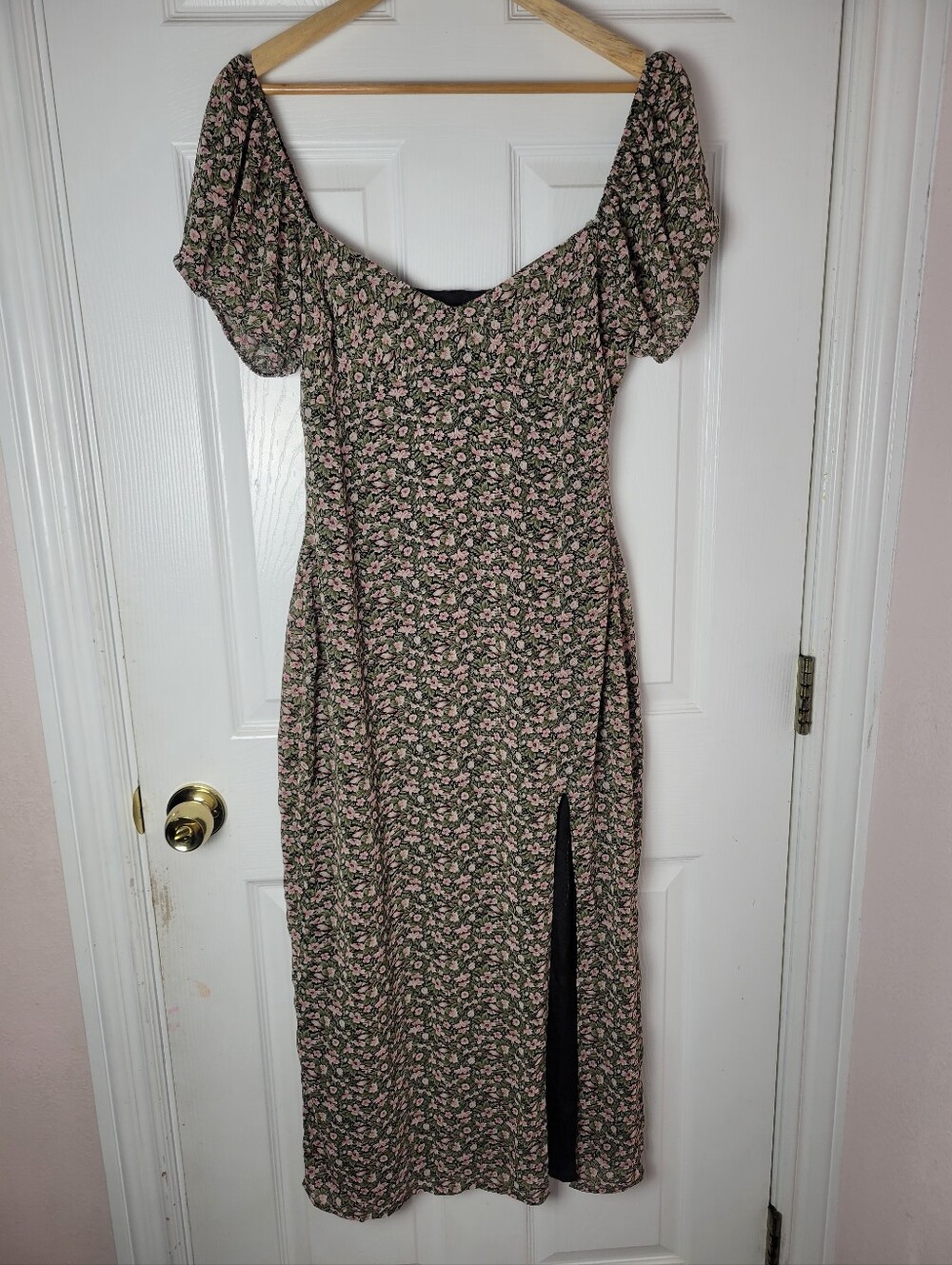 NWT Missguided Cottagecore Floral Midi Dress Puff Sleeve Side Slit Pink Green 8